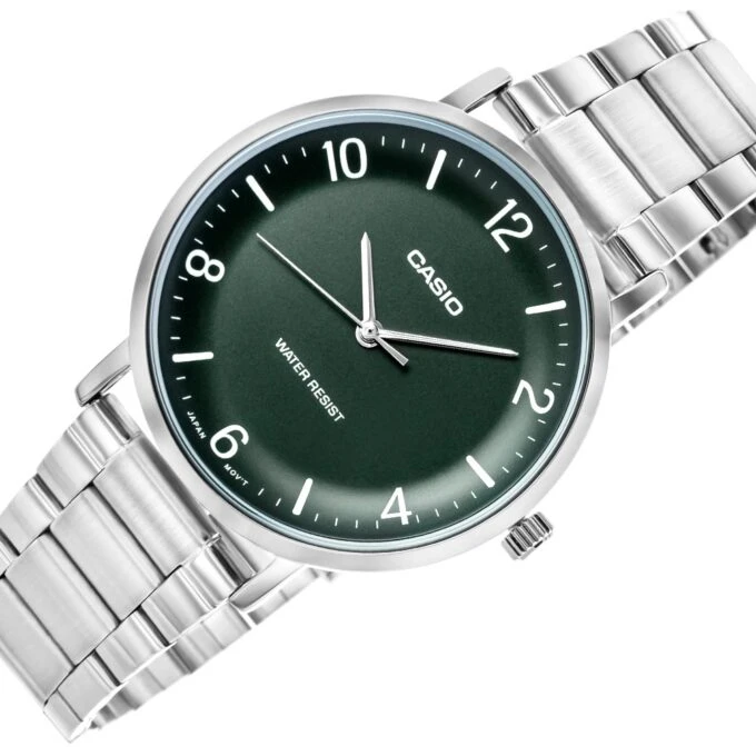 Montre Analogique Casio Pour Femme, Minimaliste, Bracelet en Acier, Cadran Vert Concave, 3 Aiguilles - MTP-VT03D-3BDF