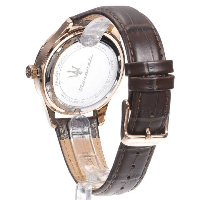 Montre Homme Maserati Sorpasso – R8851124002 – Bracelet en Cuir Véritable – Boîtier en Acier Inoxydable Or Rose – Cadran Argent Sunray – Résistante à l'Eau 10 ATM – 42 mm – Boucle Ardillon – Mouvement Analogique – Emballage d'Origine Maserati