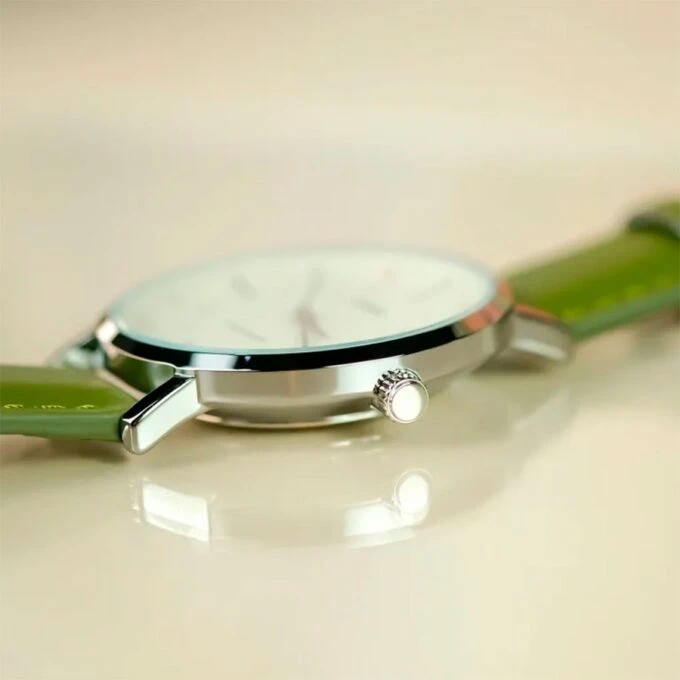 Montre Analogique Casio LTP-VT03L-3B pour Femme, Minimaliste, Bracelet en Cuir Vert, Cadran Beige Concave, 3 aiguilles - LTP-VT03L-3BDF