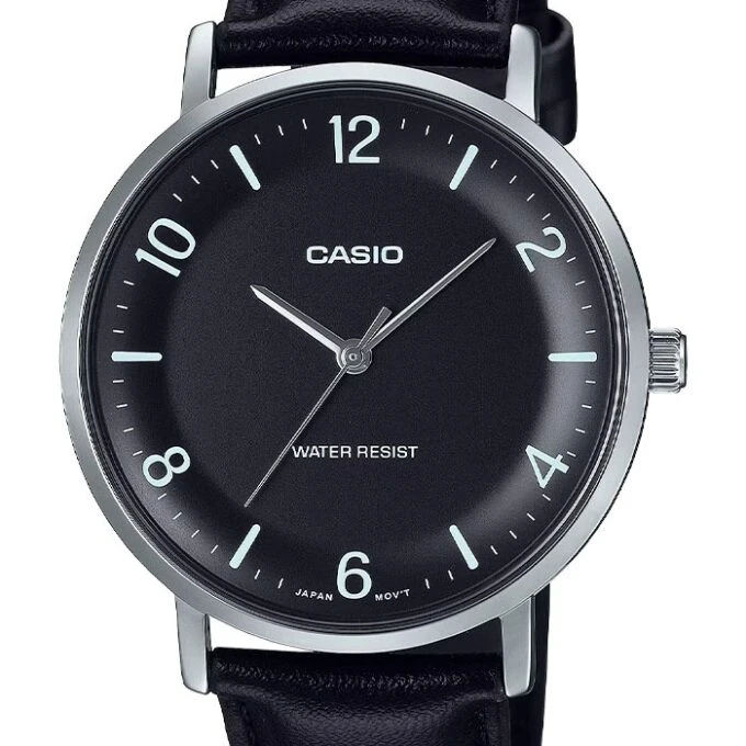 Montre Analogique Casio Pour Homme, Bracelet en Cuir Noir Minimaliste, Cadran Noir Concave, 3 Aiguilles - MTP-VT03L-1BDF