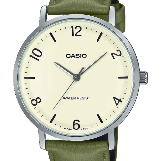 Montre analogique Casio Pour Homme, Minimaliste, Bracelet en Cuir Vert, Cadran Beige Concave, 3 Aiguilles - MTP-VT03L-7BDF