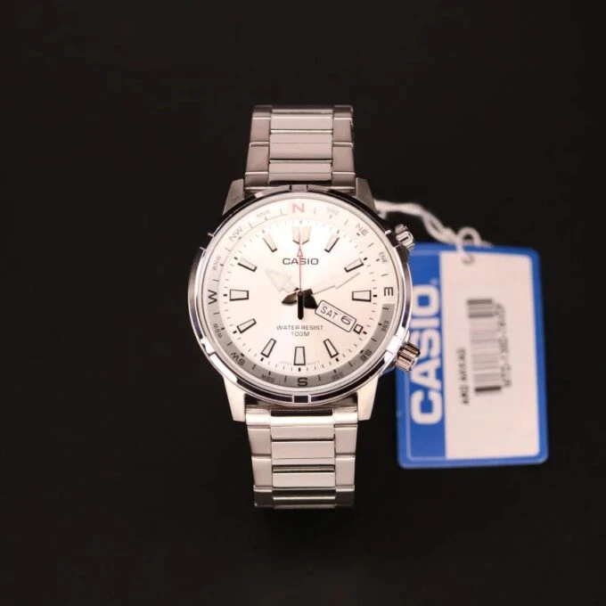 Montre Classique Homme - Casio - Quartz, Acier Inoxydable, Étanche 100m, Affichage Jour/Date, Aiguilles Lumineuses - Argenté - MTD-130D-7AVDF