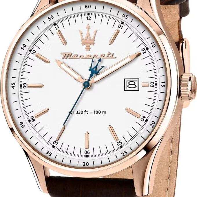 Montre Homme Maserati Sorpasso – R8851124002 – Bracelet en Cuir Véritable – Boîtier en Acier Inoxydable Or Rose – Cadran Argent Sunray – Résistante à l'Eau 10 ATM – 42 mm – Boucle Ardillon – Mouvement Analogique – Emballage d'Origine Maserati