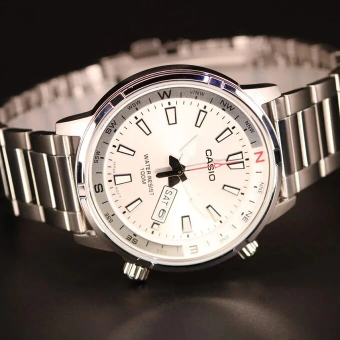 montre classique homme casio quartz, acier inoxydable, Étanche 100m, affichage jour/date, aiguilles lumineuses argenté mtd 130d 7avdf