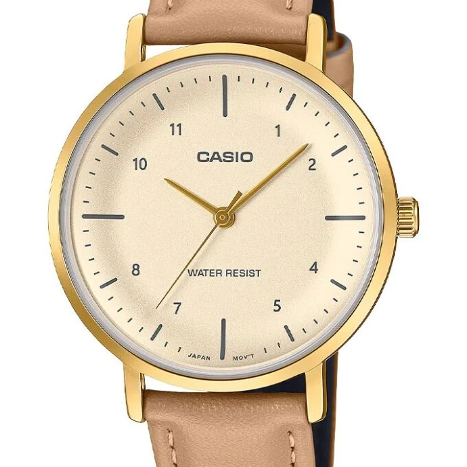 Montre Femme Quartz Analogique – Boîtier Boré 40x34mm, Verre Minéral, Bracelet Cuir Véritable, Etanche Usage Quotidien – LTP-VT03GL-4BDF