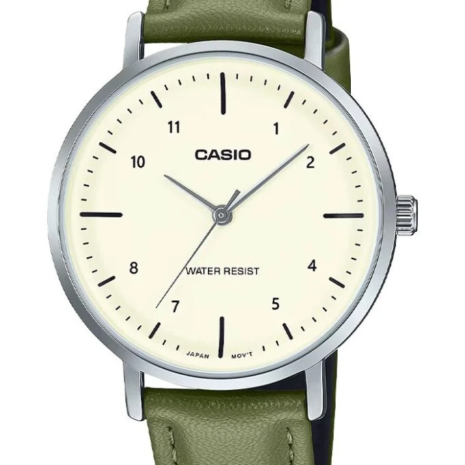 Montre Analogique Casio LTP-VT03L-3B pour Femme, Minimaliste, Bracelet en Cuir Vert, Cadran Beige Concave, 3 aiguilles - LTP-VT03L-3BDF