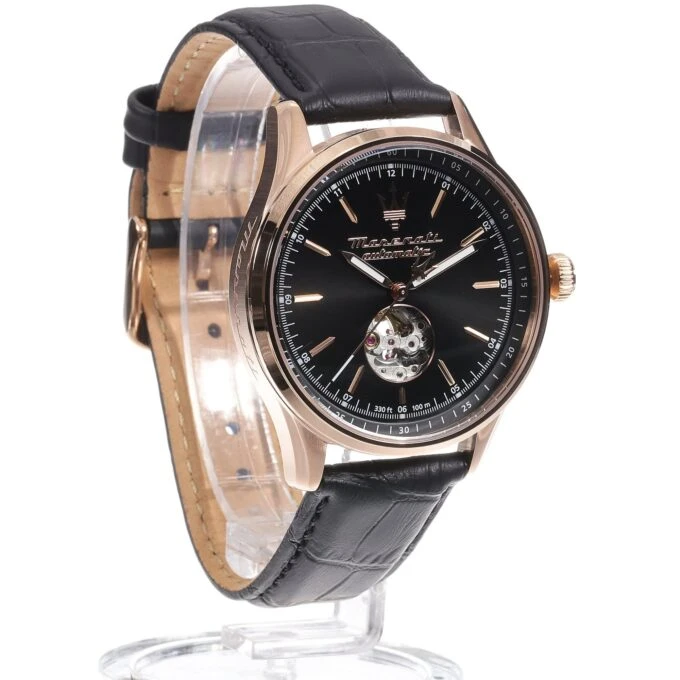 montre homme maserati sorpasso – r8821124001 – automatique – cadran à cœur ouvert – bracelet en cuir – couronne à vis – fréquence 21 600 – largeur de la patte 21 mm