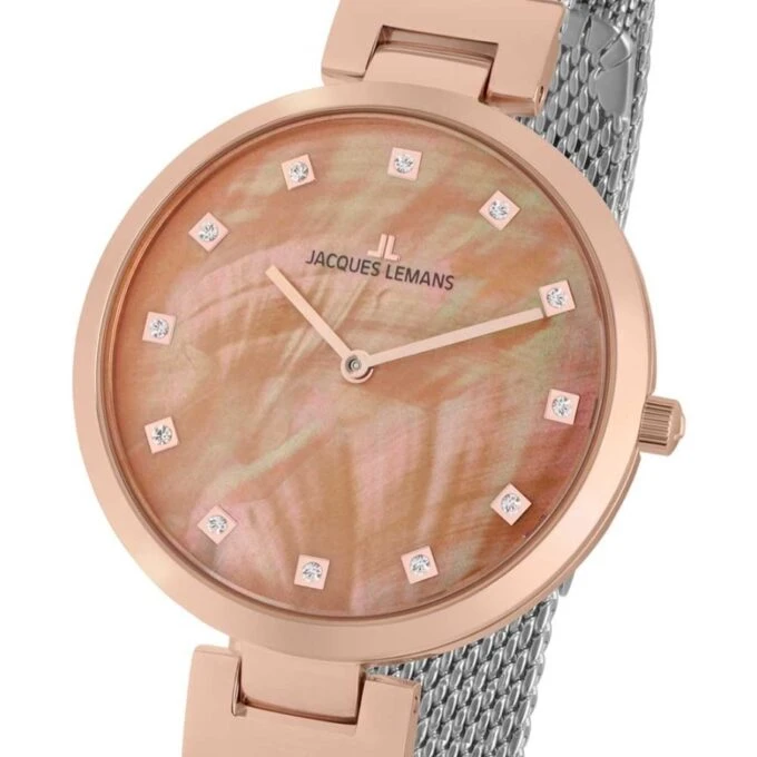 Montre Femme Jacques Lemans Milan 1-2001M - Bracelet en maille Milanaise - Cadran Rosé - Affichage analogique - Résistant à l'eau