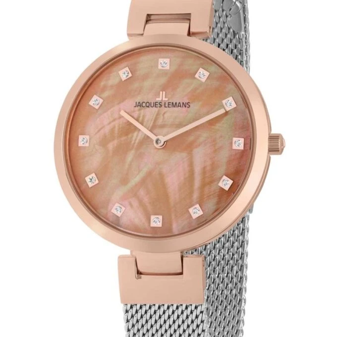 Montre Femme Jacques Lemans Milan 1-2001M - Bracelet en maille Milanaise - Cadran Rosé - Affichage analogique - Résistant à l'eau