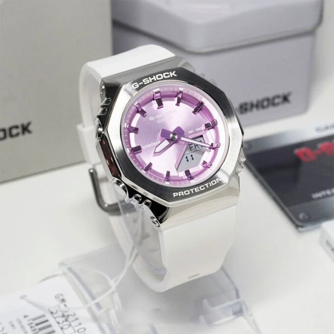 Montre Casio G-Shock Homme GM-S2110-7A6DR - Résine/Acier inoxydable, Résistante aux chocs, Étanche 200m, Double éclairage LED, Bracelet biosourcé - Blanc