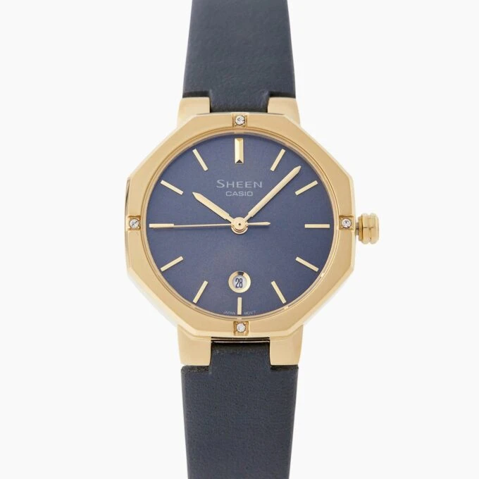 Montre Femme Casio - SHE-4543GL-2AUDF - Bracelet en Cuir Bleu - Affichage analogique - Résistant à l'eau - Verre Saphir