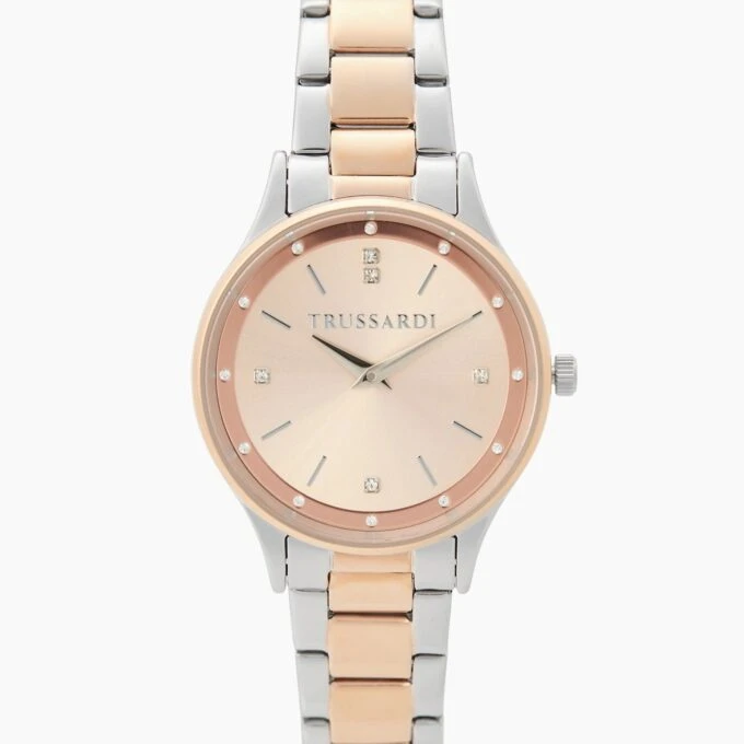 montre femme trussardi t star 34 mm acier argenté, bracelet métal argent et or rose, verre minéral, etanche 50 mètres, boucle déployante, garantie 2 ans r2453152511