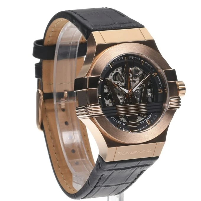 Montre Homme Maserati – Automatique, Étanche 100m, Squelette, Verre Saphir – Acier Or Rose – Bracelet Cuir Noir – 40mm – Garantie 2 ans - R8821108053