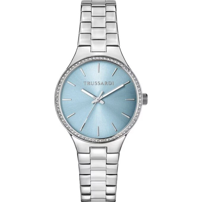 montre femme trussardi t essenza, acier poli 32mm, quartz, bracelet acier argent, verre minéral, étanche 5 atm, boucle déployante, garantie 2 ans, référence r2453172506
