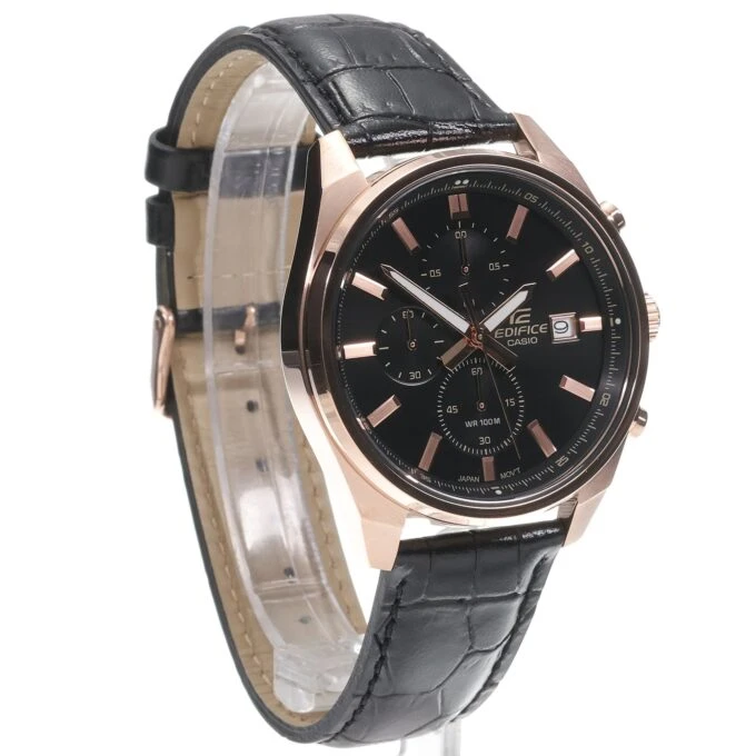 Montre Chronographe Homme - Casio Edifice - Boîtier or rose, Cadran Noir, Bracelet Cuir - Style élégant - Référence EFV-610ECL-1A