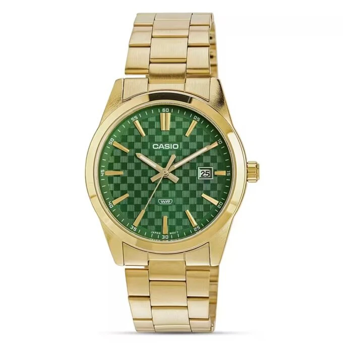 montre homme casio mtp vd03g 3audf bracelet acier inoxydable doré, affichage analogique, résistante à l’eau, cadran vert montre classique