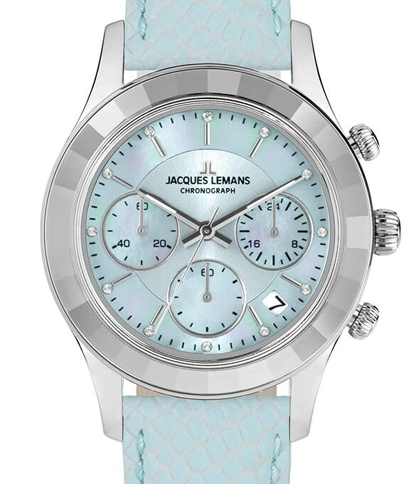 Montre Homme Chronographe Quartz Suisse Jacques Lemans 1-2151C – Acier Inoxydable Rond Argent Verre Minéral – Cadran Bleu Clair Bracelet Bleu Clair – 38mm – 5ATM – Garantie 2 Ans