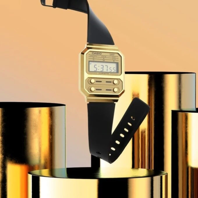 montre homme casio vintage a100wefg 9adf bracelet en résine noir cadran or résistant à l'eau