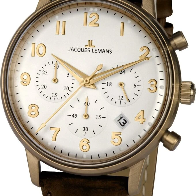 Montre chronographe homme - Jacques Lemans - Quartz, Acier inoxydable, Bracelet cuir brun, Cadran beige, Verre plastique - 39mm - Réf. N-209ZL