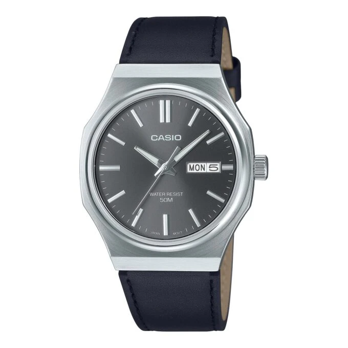 Montre Homme CASIO MTP-E735L-8AVDF – cadran gris foncé, bracelet cuir, style élégant, affichage analogique – cuir – gris foncé – MTP-E735L-8AVDF
