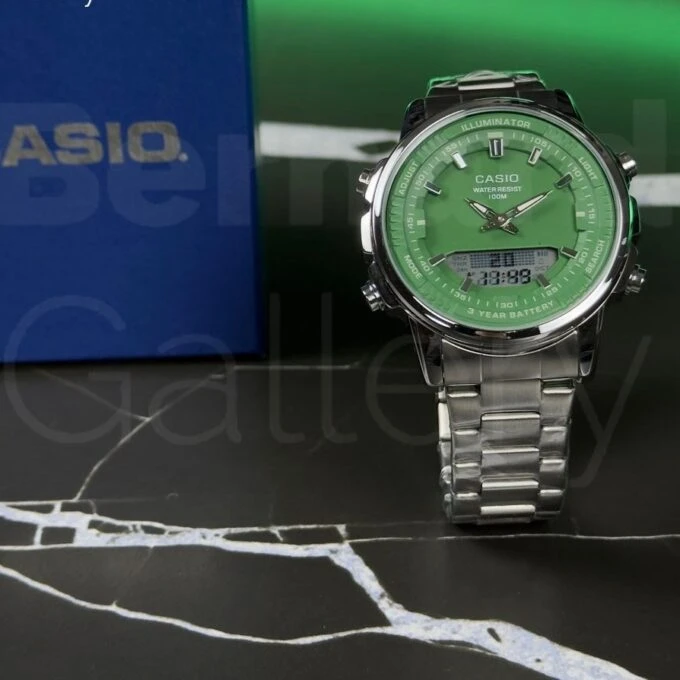 Montre Classique Homme - Casio - Analogique Digitale, Étanche 50m, Chronographe, Telememo 30, Autonomie 10 ans - Acier Inoxydable - Cadran Vert - AMW-880D-3AVDF