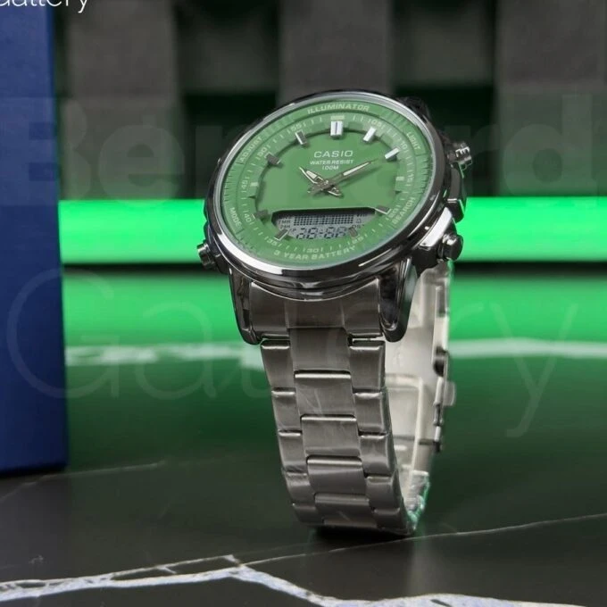 Montre Classique Homme - Casio - Analogique Digitale, Étanche 50m, Chronographe, Telememo 30, Autonomie 10 ans - Acier Inoxydable - Cadran Vert - AMW-880D-3AVDF