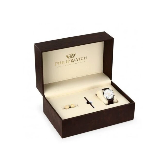 Montre Homme Sunray RONDA 5040D chronographe 1/10s, date, acier inoxydable 39mm, boutons dorés, cadran blanc vintage, bracelet cuir marron crocodile, étanche 30m, coffret boutons de manchette, R8271908011