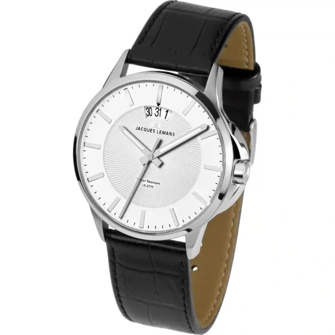 montre homme jacques lemans 1 1540b – quartz, acier inoxydable, bracelet cuir noir, affichage analogique, calendrier date noir