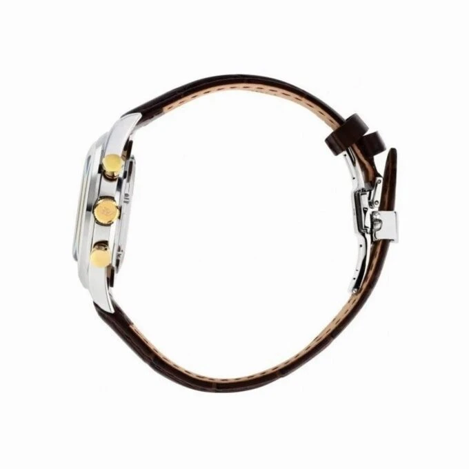 Montre Homme Sunray RONDA 5040D chronographe 1/10s, date, acier inoxydable 39mm, boutons dorés, cadran blanc vintage, bracelet cuir marron crocodile, étanche 30m, coffret boutons de manchette, R8271908011