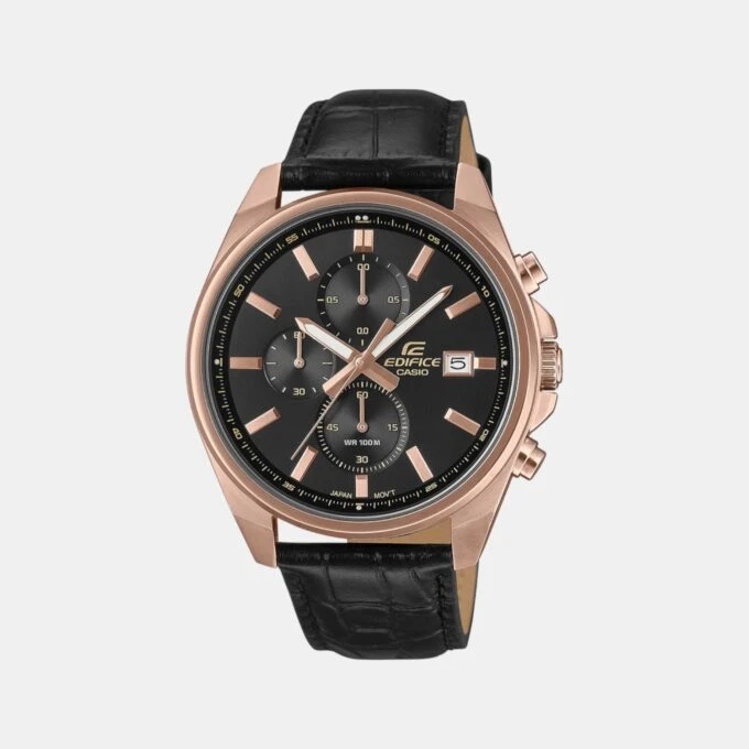 Montre Chronographe Homme - Casio Edifice - Boîtier or rose, Cadran Noir, Bracelet Cuir - Style élégant - Référence EFV-610ECL-1A