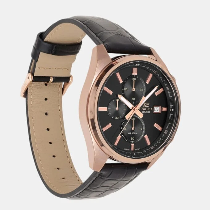 Montre Chronographe Homme - Casio Edifice - Boîtier or rose, Cadran Noir, Bracelet Cuir - Style élégant - Référence EFV-610ECL-1A