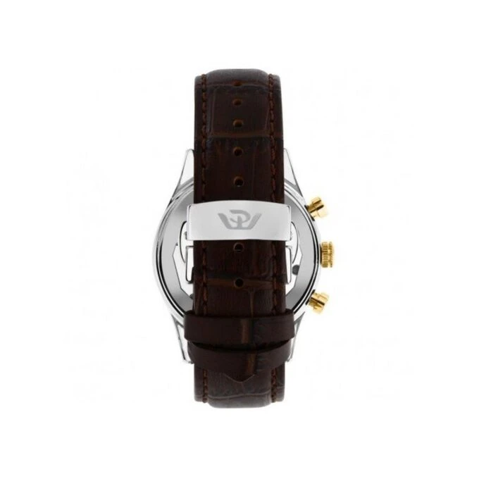 Montre Homme Sunray RONDA 5040D chronographe 1/10s, date, acier inoxydable 39mm, boutons dorés, cadran blanc vintage, bracelet cuir marron crocodile, étanche 30m, coffret boutons de manchette, R8271908011