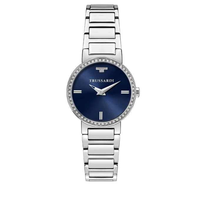 montre femme trussardi t bridge – acier poli, boîtier 28 mm, bracelet argent, verre minéral, etanchéité 5 atm, boucle déployante – garantie 2 ans – r2453171502