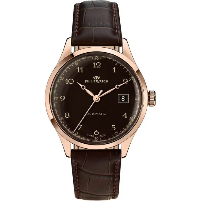 montre homme philip watch museum – r8221225002 – boîtier inoxydable or rose 40 mm – bracelet cuir marron – mouvement suisse – Étanchéité 10 atm – fermeture papillon avec bouton latéral – garantie 2 ans – emballage original philip watch