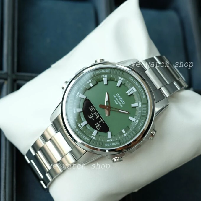 Montre Classique Homme - Casio - Analogique Digitale, Étanche 50m, Chronographe, Telememo 30, Autonomie 10 ans - Acier Inoxydable - Cadran Vert - AMW-880D-3AVDF