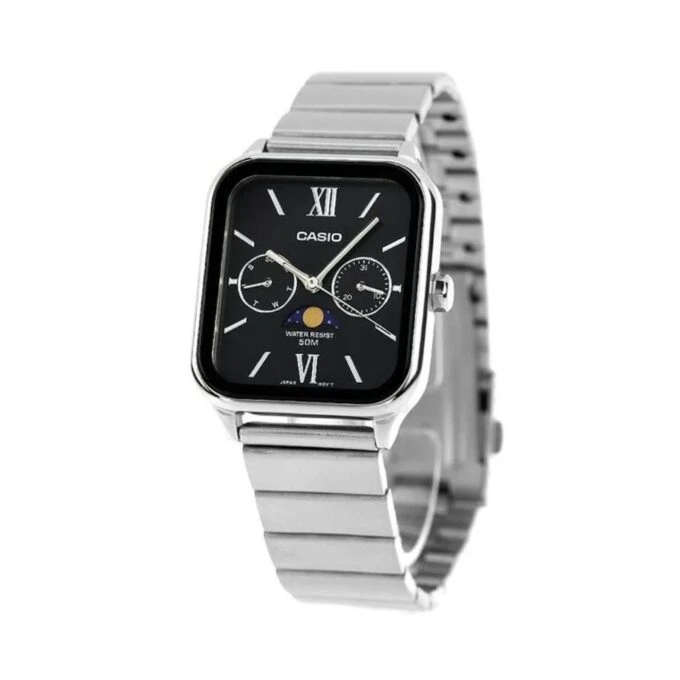 montre homme casio mtp m305d 1avdf – phase de lune, date, jour, acier inoxydable, bracelet acier, verre minéral, 50m étanche