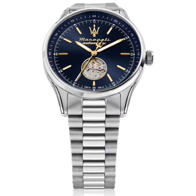 montre homme maserati sorpasso – r8823124002 – automatique – cadran 42 mm bleu avec cœur ouvert – bracelet acier argenté – boucle déployante – verre minéral – Étanchéité 100 mètres (10 atm) – garantie 2 ans – design sportif et chic