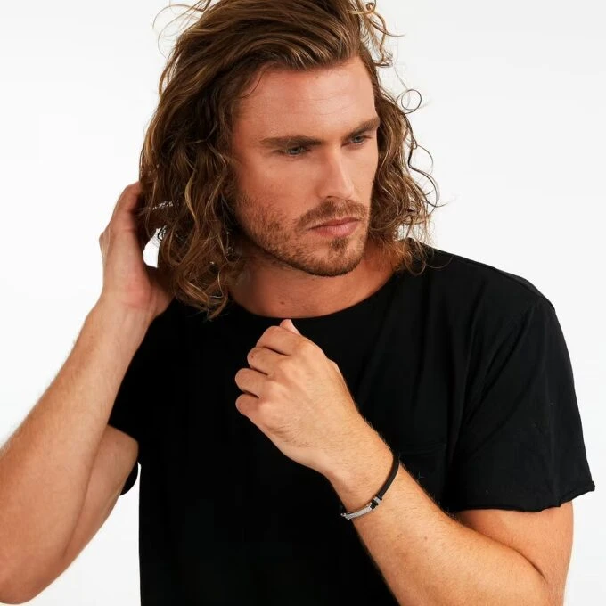 bracelet homme sector bandy szv112 inoxydable et cuir 21 cm couleurs argent et noir