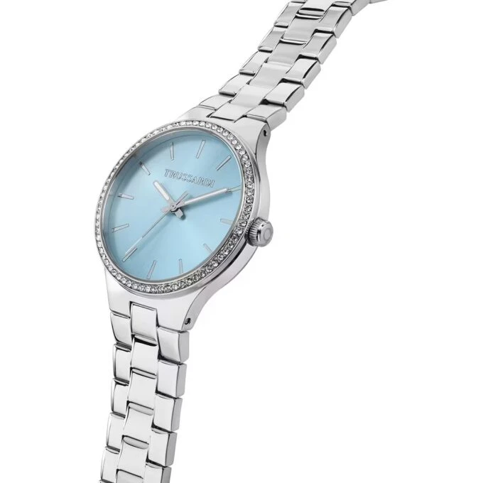 Montre femme Trussardi T-Essenza, acier poli 32mm, quartz, bracelet acier argent, verre minéral, étanche 5 ATM, boucle déployante, garantie 2 ans, référence R2453172506