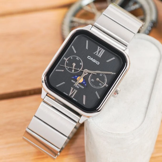 Montre homme Casio – Phases de lune, acier inoxydable, affichage analogique, étanche – Argenté – MTP-M305D-1A2V