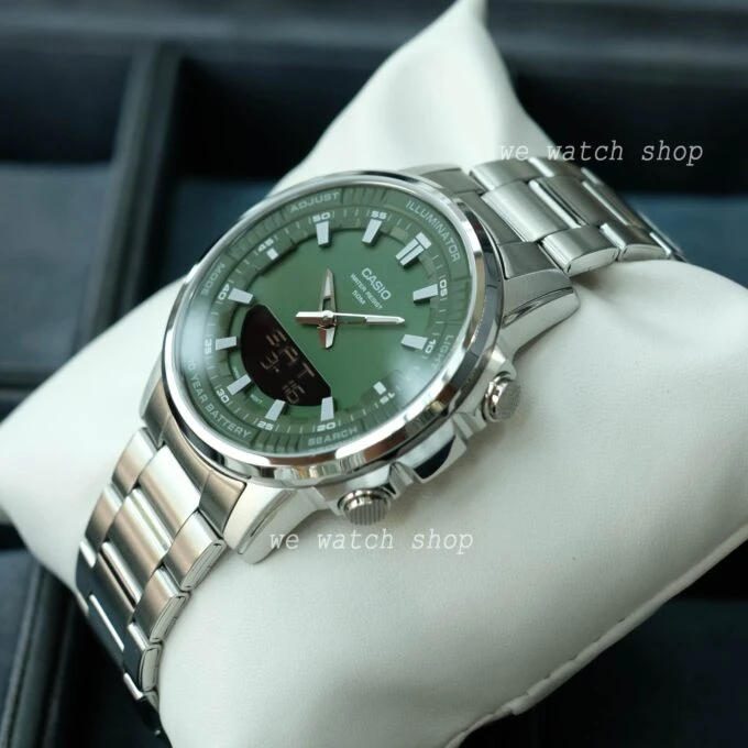 Montre Classique Homme - Casio - Analogique Digitale, Étanche 50m, Chronographe, Telememo 30, Autonomie 10 ans - Acier Inoxydable - Cadran Vert - AMW-880D-3AVDF