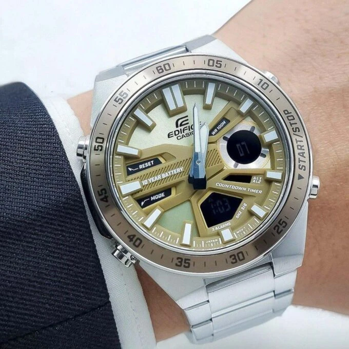 Montre Classique Homme - Casio Edifice - EFV-C110D-5ADF - Acier Inoxydable, Chronographe, Étanche, Bracelet Métal - Argent, Cadran Doré