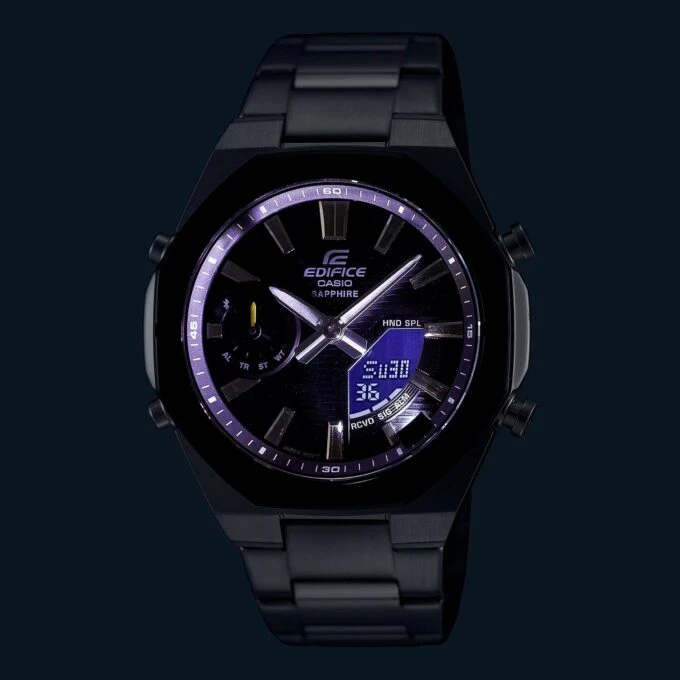 Montre Homme Casio Edifice - Analogique, Numérique - Bracelet en Acier Inoxydable - Cadran Noir, Quartz, 100 m - ECB-S10DB-1ADF