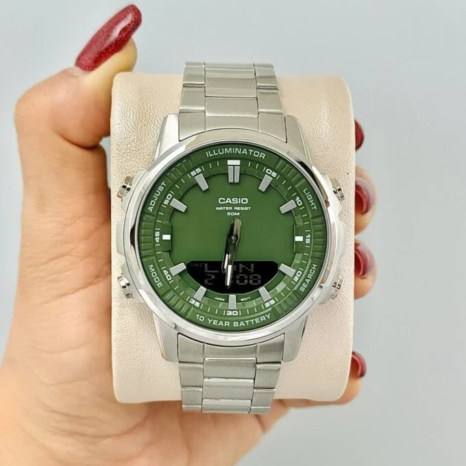 Montre Classique Homme - Casio - Analogique Digitale, Étanche 50m, Chronographe, Telememo 30, Autonomie 10 ans - Acier Inoxydable - Cadran Vert - AMW-880D-3AVDF