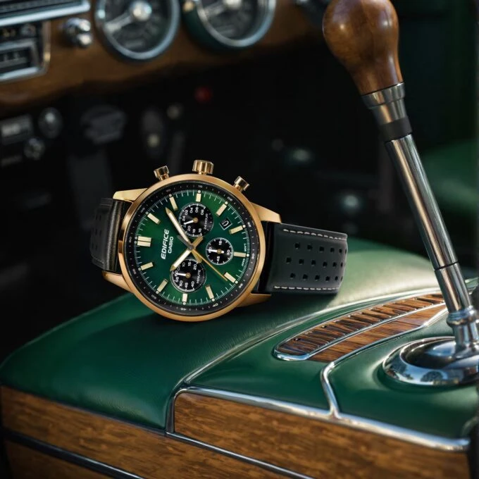 Montre homme EFR-575CL-3ADF Casio – Chronomètre, étanche 100m, boîtier acier inoxydable plaqué or, bracelet cuir, verre minéral sphérique – Vert – Référence EFR-575CL-3ADF