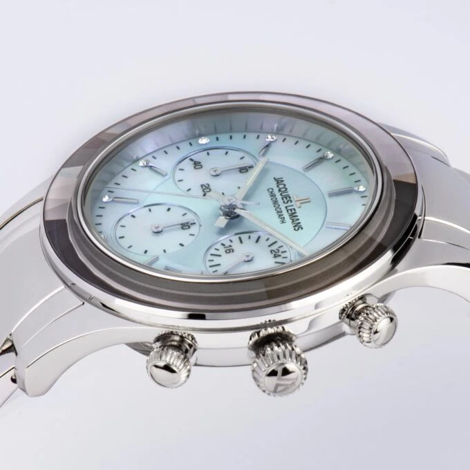 Montre Femme Jacques Lemans - Venise Chronographe, Acier Inoxydable Argent, Cadran Nacre, Affichage Date, Etanche 50 Mètres, Mouvement TMI VD53C - Réf. 1-2151K