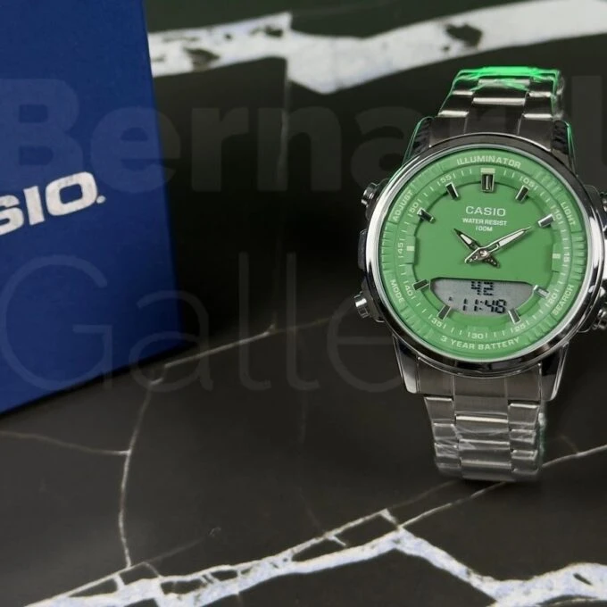 Montre Classique Homme - Casio - Analogique Digitale, Étanche 50m, Chronographe, Telememo 30, Autonomie 10 ans - Acier Inoxydable - Cadran Vert - AMW-880D-3AVDF