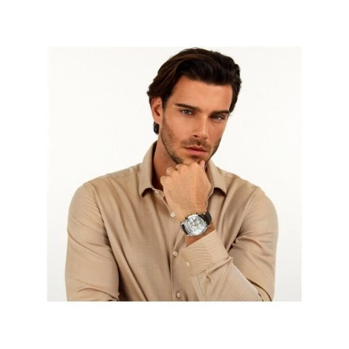 Montre Homme Sunray RONDA 5040D chronographe 1/10s, date, acier inoxydable 39mm, boutons dorés, cadran blanc vintage, bracelet cuir marron crocodile, étanche 30m, coffret boutons de manchette, R8271908011