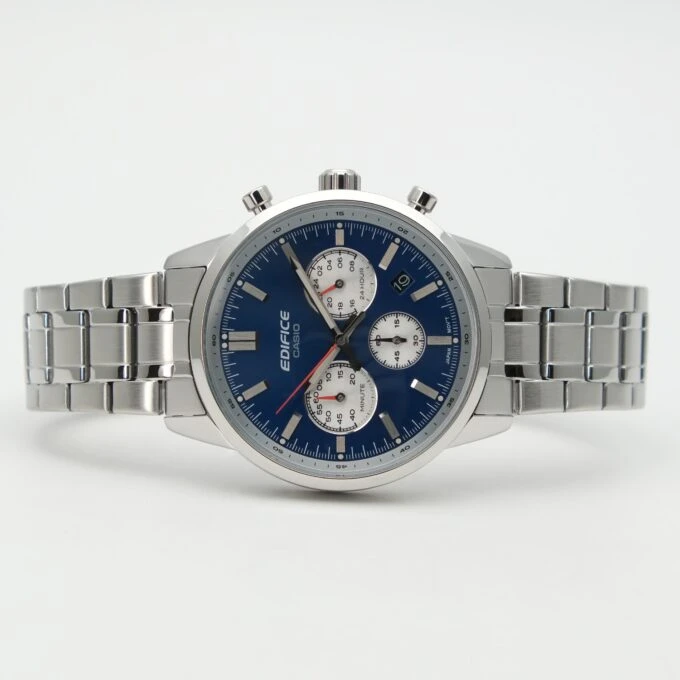 Montre homme Casio – Chronographe, Acier inoxydable, Verre minéral, Étanche 100m, Bracelet acier, Bleu - EFR-575D-2ADF
