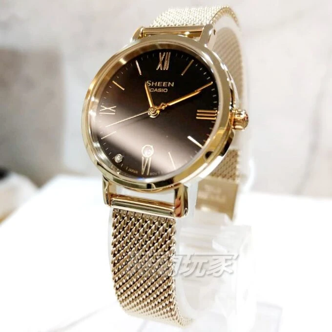Montre élégante Femme - Casio Sheen - Acier, Calendrier, Verre Saphir, Étanche 50m - Bracelet Maille Doré - Boîtier Doré - 41-45mm - SHE-4540GM-1AUDF